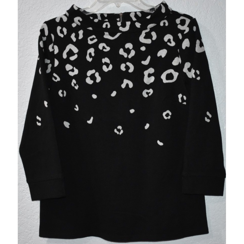 Talbots Small Sweater Abstract Soft Stretch Back Zip Comfy Black White 3/4‎ Slv